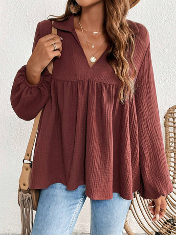 VCAY V-Neck Ruched Front Detail Solid Color Women's Blouse, Casual Shirt