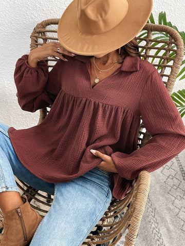 VCAY V-Neck Ruched Front Detail Solid Color Women's Blouse, Casual Shirt