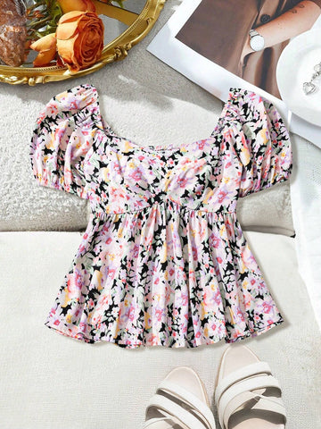 VCAY Vacation-Themed Ditsy Floral Puff Sleeve Square Collar Shirt For Women