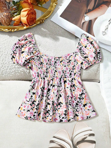 VCAY Vacation-Themed Ditsy Floral Puff Sleeve Square Collar Shirt For Women