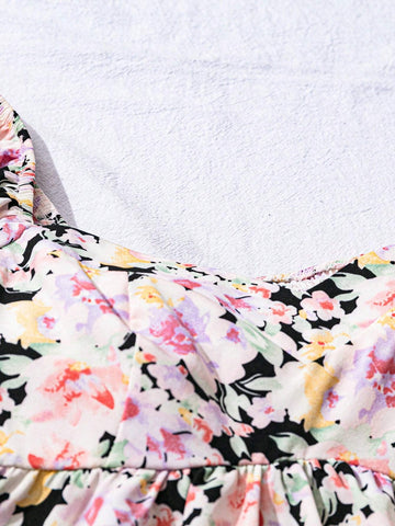 VCAY Vacation-Themed Ditsy Floral Puff Sleeve Square Collar Shirt For Women