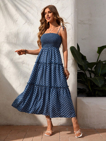 Vacation Blue Polka Dot Long Dress For Women