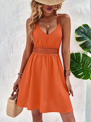 Vacation Casual Solid Color Lace Patchwork Strap Dress
