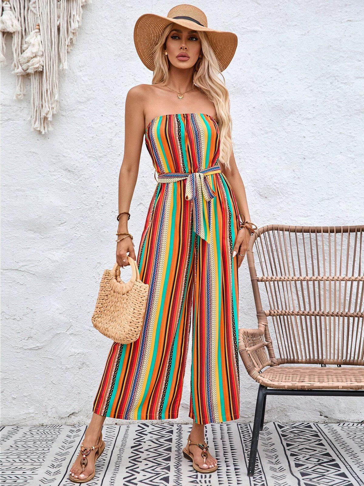 Vacation Colorful Striped Strapless Loose Long Jumpsuit For Women In Summer