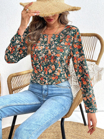 VCAY Vacation Floral Print Chiffon Loose Long Sleeve Blouse For Women