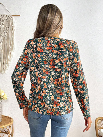VCAY Vacation Floral Print Chiffon Loose Long Sleeve Blouse For Women