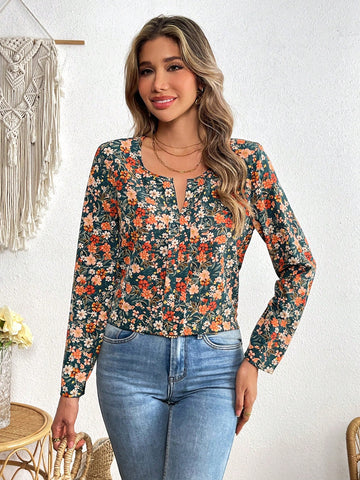 VCAY Vacation Floral Print Chiffon Loose Long Sleeve Blouse For Women