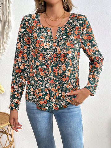 VCAY Vacation Floral Print Chiffon Loose Long Sleeve Blouse For Women
