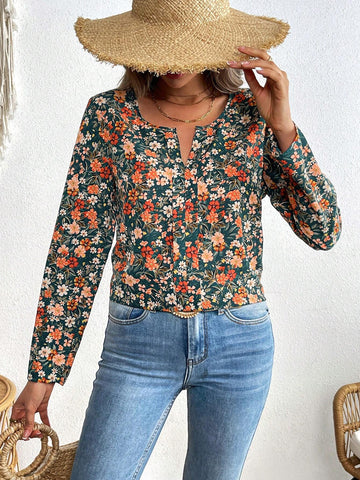 VCAY Vacation Floral Print Chiffon Loose Long Sleeve Blouse For Women