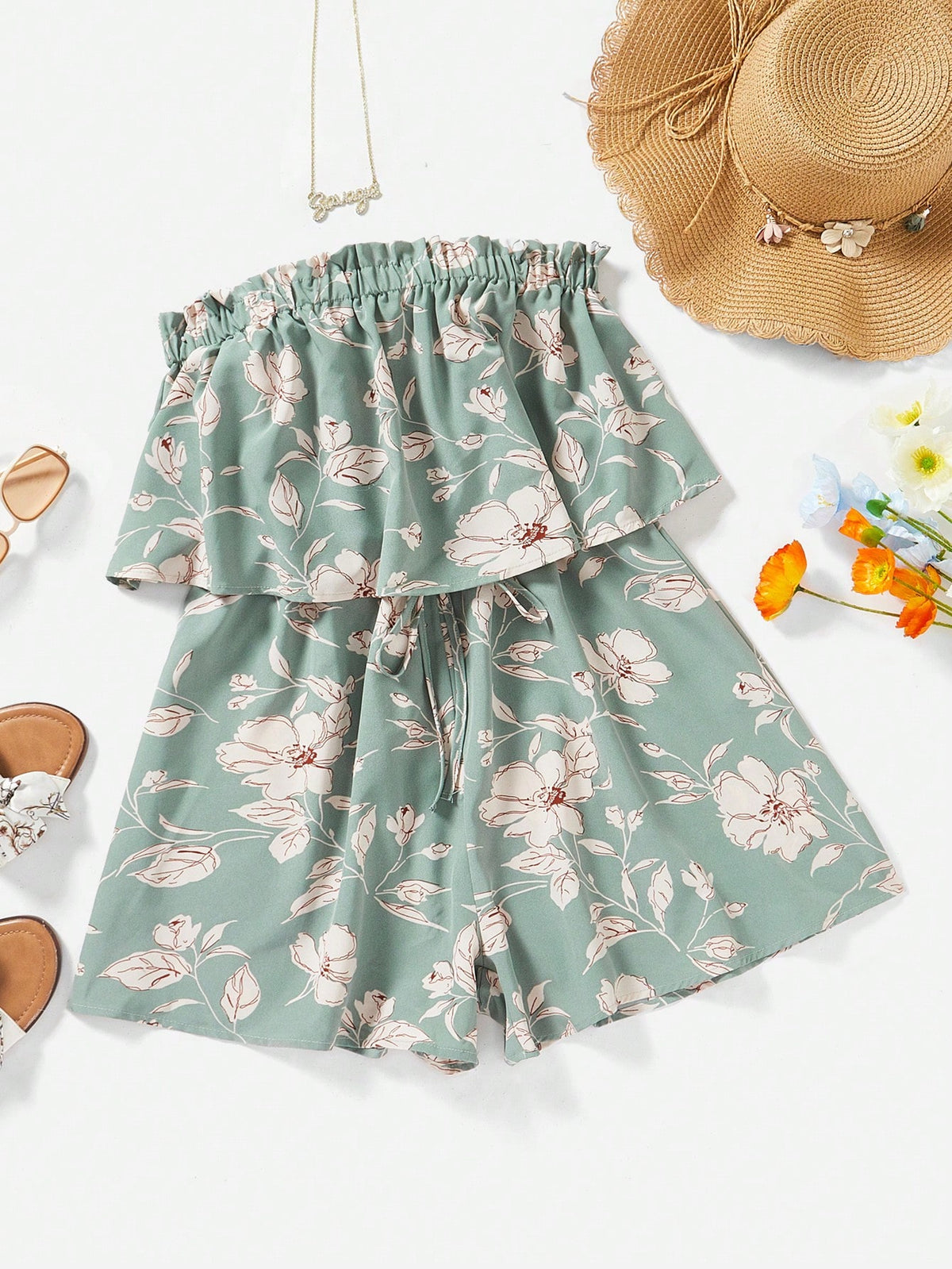 Vacation Floral Printed Strapless Women'S Romper