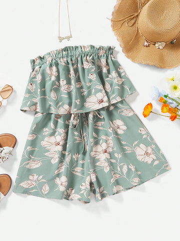 Vacation Floral Printed Strapless Women'S Romper