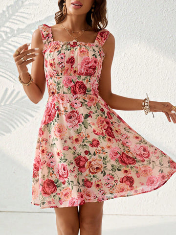 Vacation Floral Printed Women's Pleated Dress