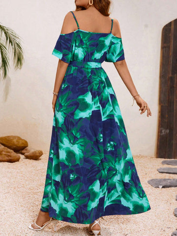 Vacation Knitted Floral Printed Off Shoulder Neckline Slit Maxi Dress