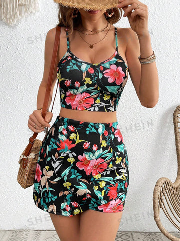 Vacation Knitted Floral Printed Tank Top And Skirt/Pants Women's 2 Piece Set