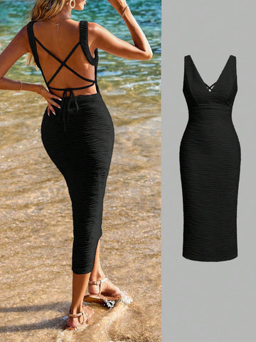 Vacation Knitted Jacquard Slim Fit Deep V-Neck Backless Mid-Length Women's Dress
