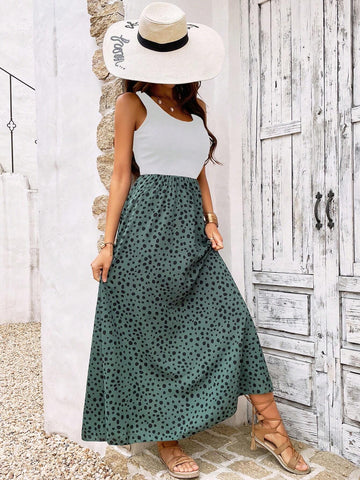 Vacation Leisure Color-Block Printed Splicing Sleeveless Dress
