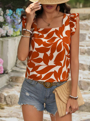VCAY Vacation Leisure Plant Printed Ruffle Hem Sleeveless Blouse