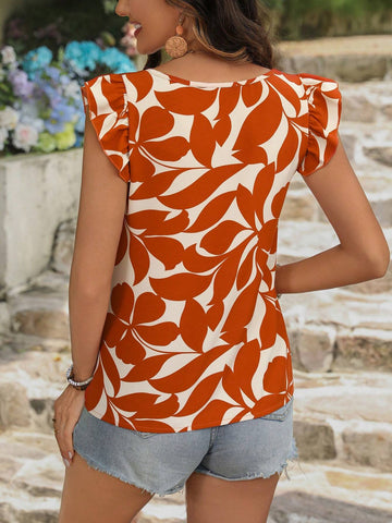 VCAY Vacation Leisure Plant Printed Ruffle Hem Sleeveless Blouse