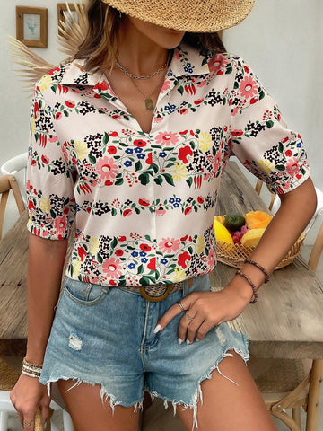 VCAY Vacation Leisure Short Sleeve Shirt With Ditsy Floral And Turn-Down Collar
