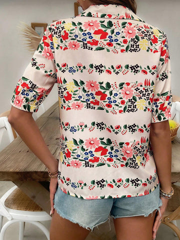 VCAY Vacation Leisure Short Sleeve Shirt With Ditsy Floral And Turn-Down Collar
