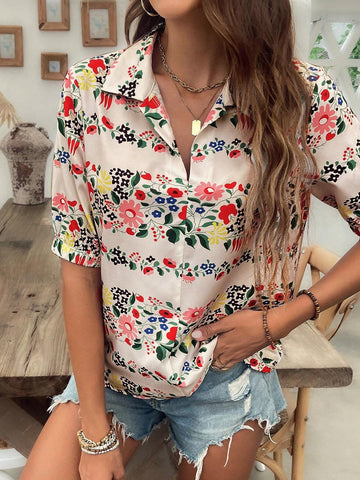 VCAY Vacation Leisure Short Sleeve Shirt With Ditsy Floral And Turn-Down Collar