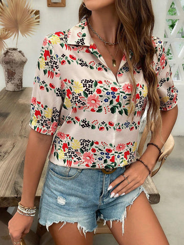 VCAY Vacation Leisure Short Sleeve Shirt With Ditsy Floral And Turn-Down Collar