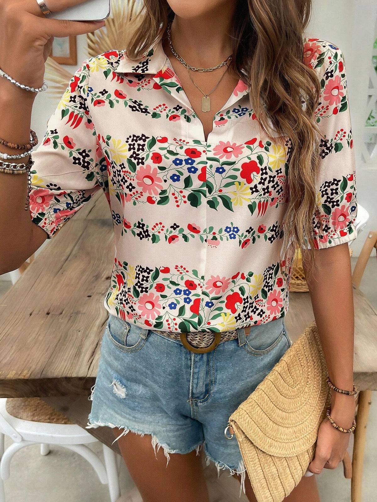 VCAY Vacation Leisure Short Sleeve Shirt With Ditsy Floral And Turn-Down Collar