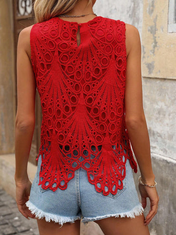 VCAY Vacation Leisure Solid Color Water Soluble Embroidery Sleeveless Shirt