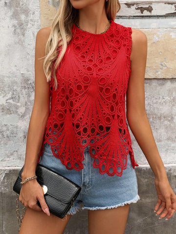 VCAY Vacation Leisure Solid Color Water Soluble Embroidery Sleeveless Shirt