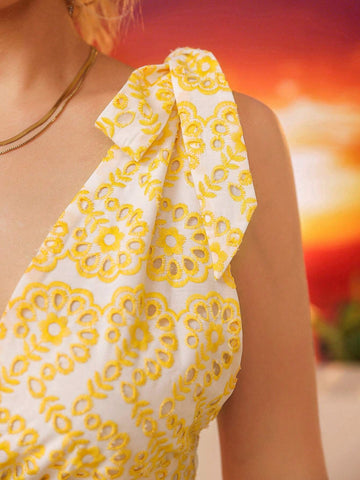Vacation Leisure Spaghetti Straps V-Neck A-Line Patchwork Ruffle Hem Women Dress