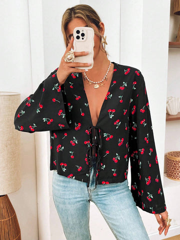 VCAY Vacation Loose Printed Pattern Front Tie Collar Long Sleeve Women Shirt
