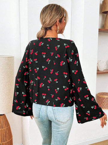 VCAY Vacation Loose Printed Pattern Front Tie Collar Long Sleeve Women Shirt