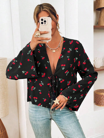 VCAY Vacation Loose Printed Pattern Front Tie Collar Long Sleeve Women Shirt