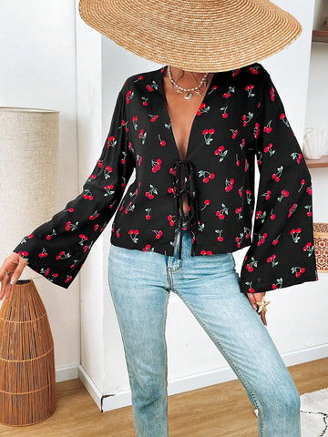 VCAY Vacation Loose Printed Pattern Front Tie Collar Long Sleeve Women Shirt