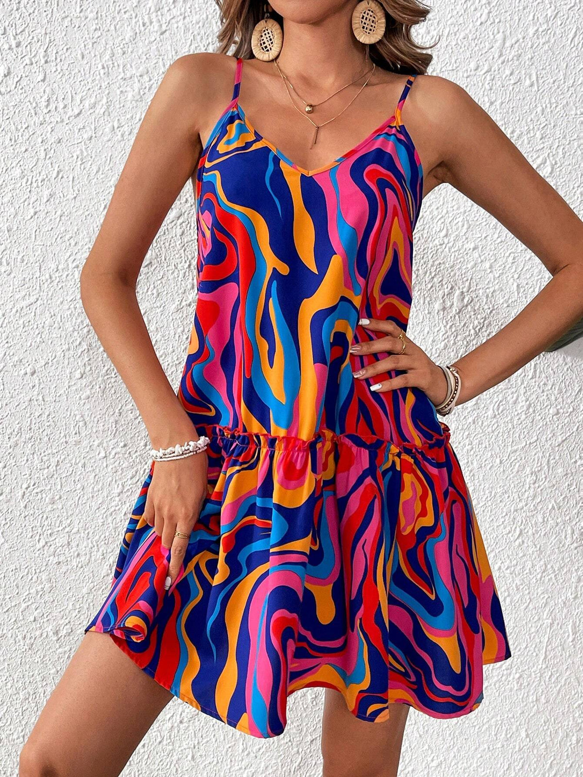 Vacation Multicolor Patterned Ruffled Strap Dress For Women