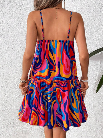 Vacation Multicolor Patterned Ruffled Strap Dress For Women
