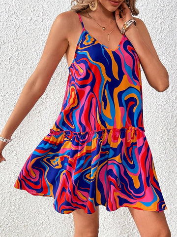 Vacation Multicolor Patterned Ruffled Strap Dress For Women