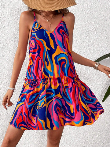 Vacation Multicolor Patterned Ruffled Strap Dress For Women