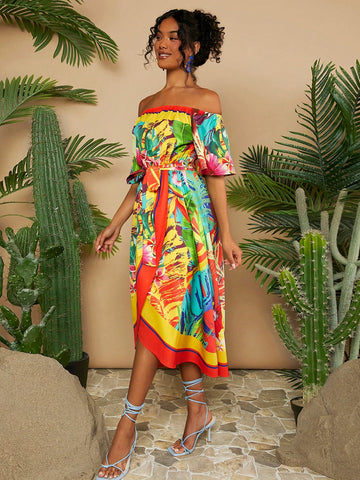 VCAY Vacation Off-Shoulder Wrap Dress With Belted Waist And Flared Hem