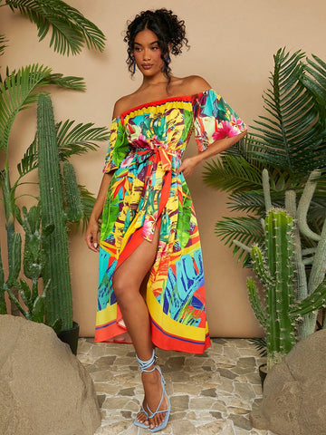 VCAY Vacation Off-Shoulder Wrap Dress With Belted Waist And Flared Hem