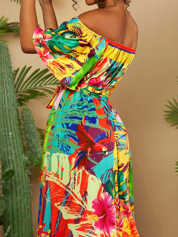 VCAY Vacation Off-Shoulder Wrap Dress With Belted Waist And Flared Hem