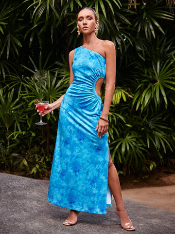 Vacation One Shoulder Hollow Out Tie Dye Dress For Women