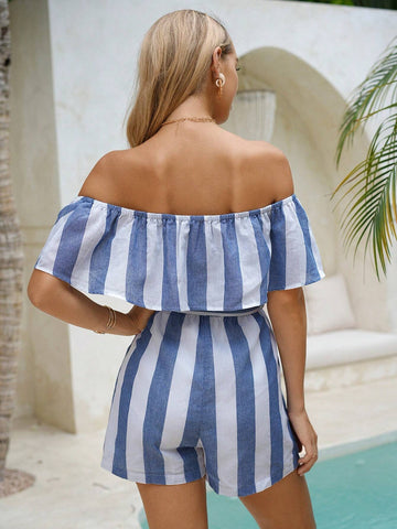Vacation One Shoulder Light Blue & White Striped Woven Jumpsuit For Women