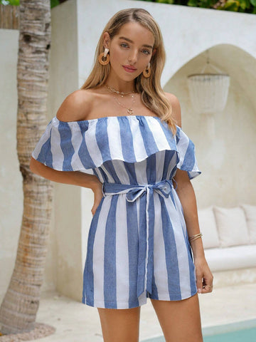 Vacation One Shoulder Light Blue & White Striped Woven Jumpsuit For Women