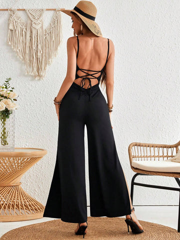 Vacation Solid Color Knit Loose Pants Jumpsuit With Side Slits & Straps For Women, Summer