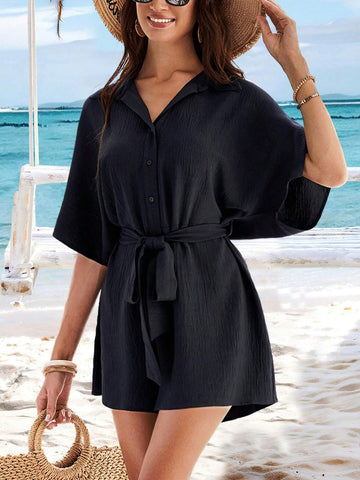 Vacation Solid Color Loose Fit Shirt Collar Open Front Romper