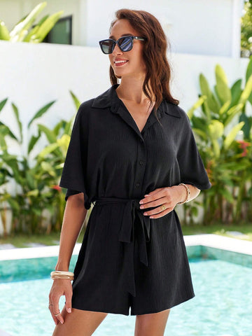 Vacation Solid Color Loose Fit Shirt Collar Open Front Romper