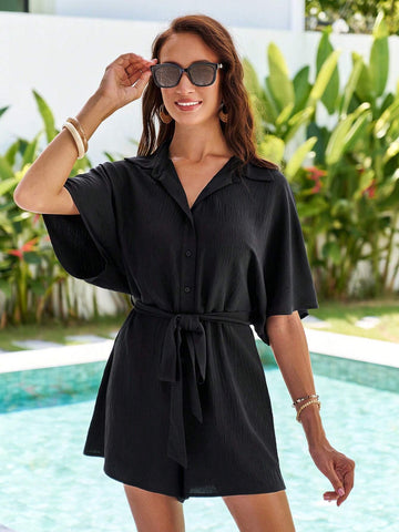 Vacation Solid Color Loose Fit Shirt Collar Open Front Romper