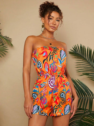 Vacation Style Abstract Pattern Strapless Short Jumpsuit