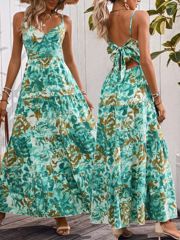 Vacation Style Allover Print Strap Low Back Dress For Leisure